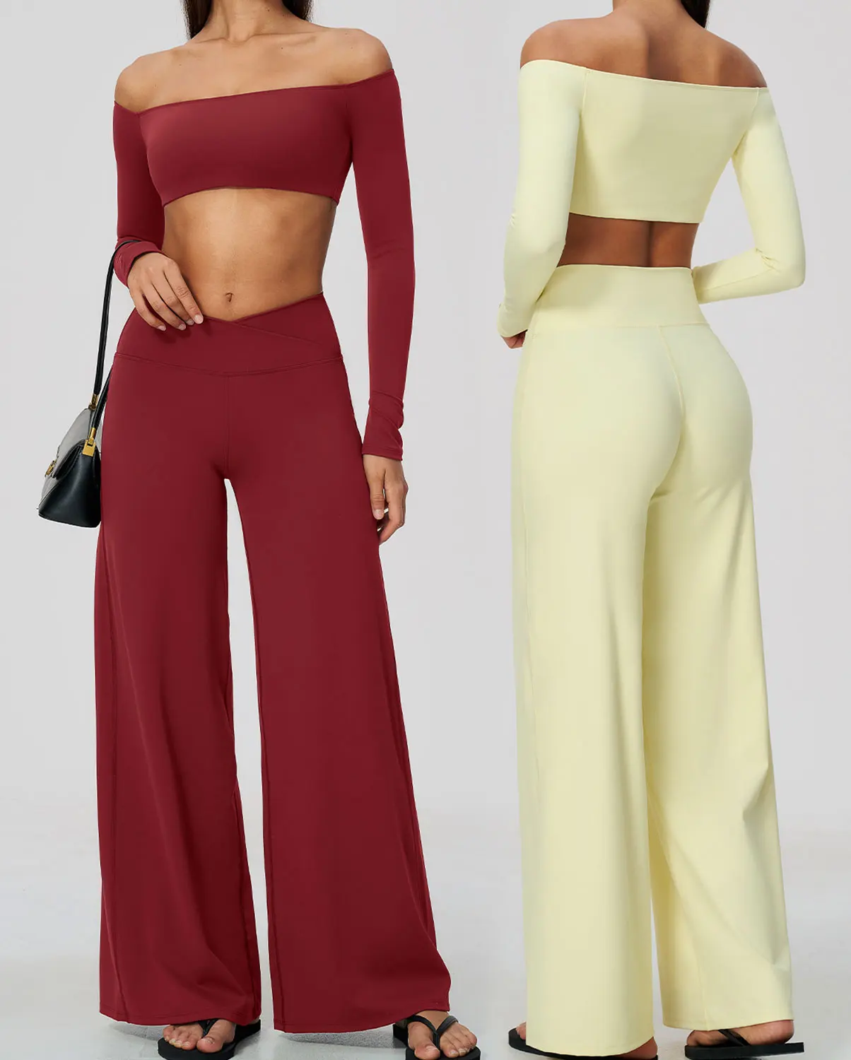 Women Yoga Workout 2Pcs Suit Off Shoulder Long Sleeve Cropped Top Cross V Waist Wide Leg Pants Nude Feel Gym Pilates Running Spo