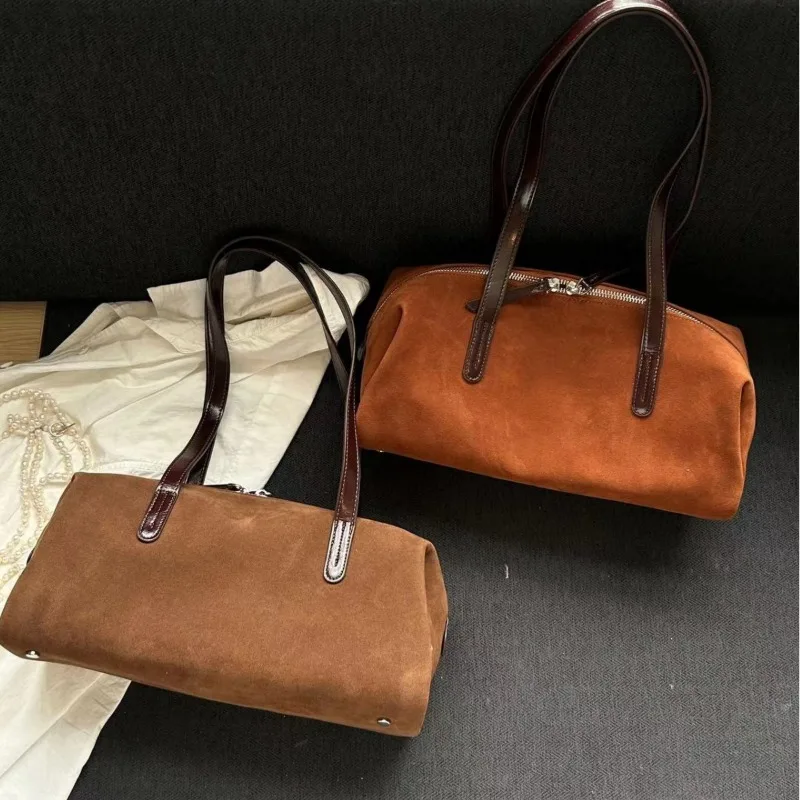 

Genuine Leather Women's Bag Lazy Matte Suede Tote Suede Cowhide Shoulder Bag Large Capacity Commuter Long-Handle Handbag