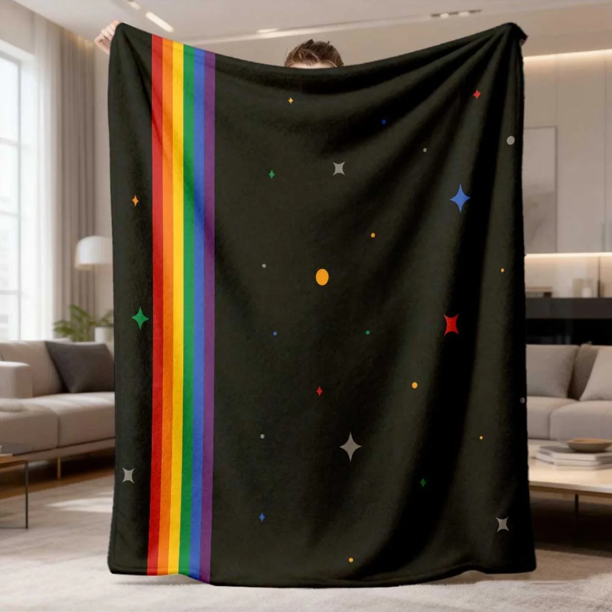 Black Base Rainbow Star Blanket Simple Design With Vertical Rainbow Stripes Sparkly Colorful Stars Soft Flannel Throw Blanket