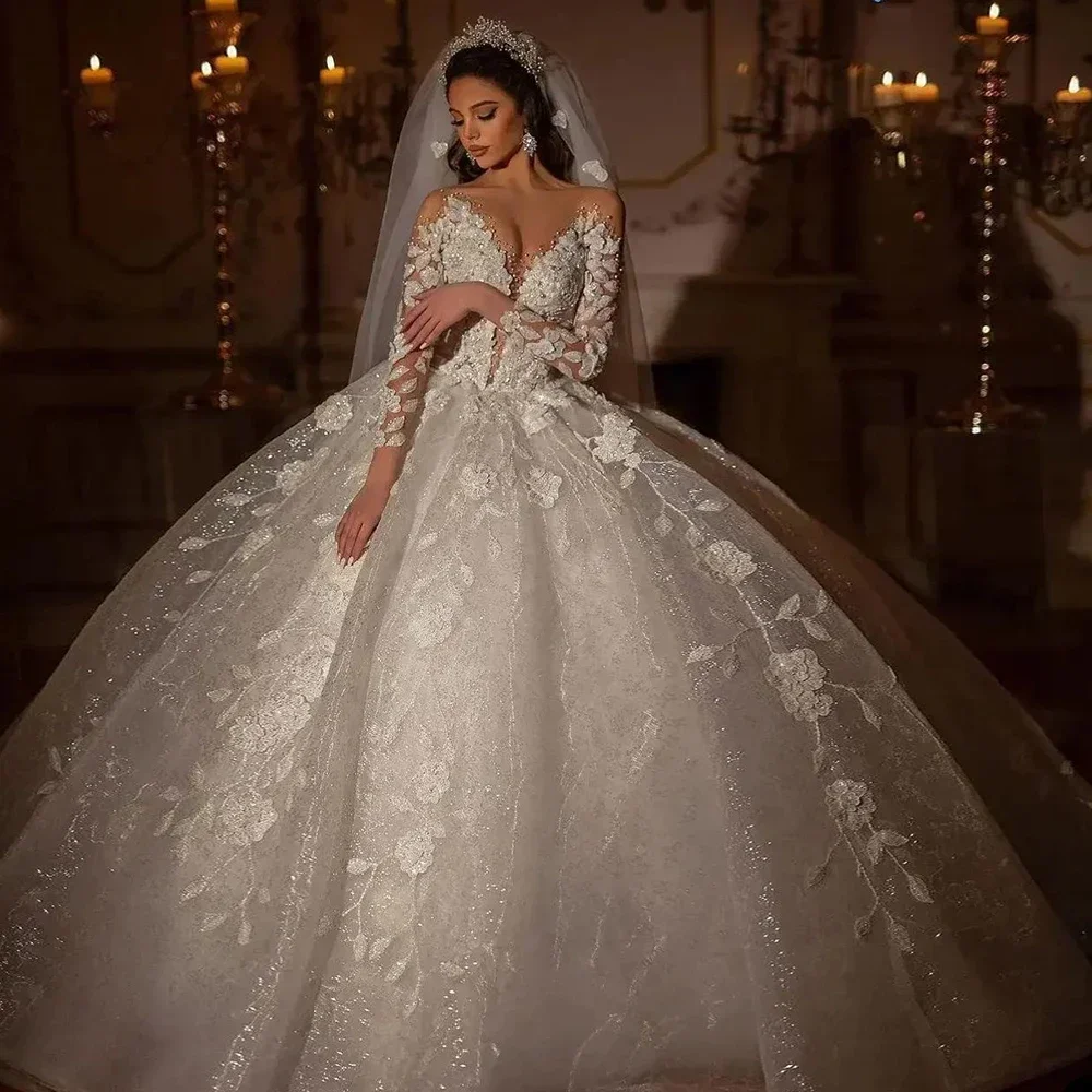 Luxurious Shiny A-Line Lace Decal Women's Fluffy Wedding Dress Sexy Deep V-Neck Long Sleeved Ballroom Bride Dress Customized