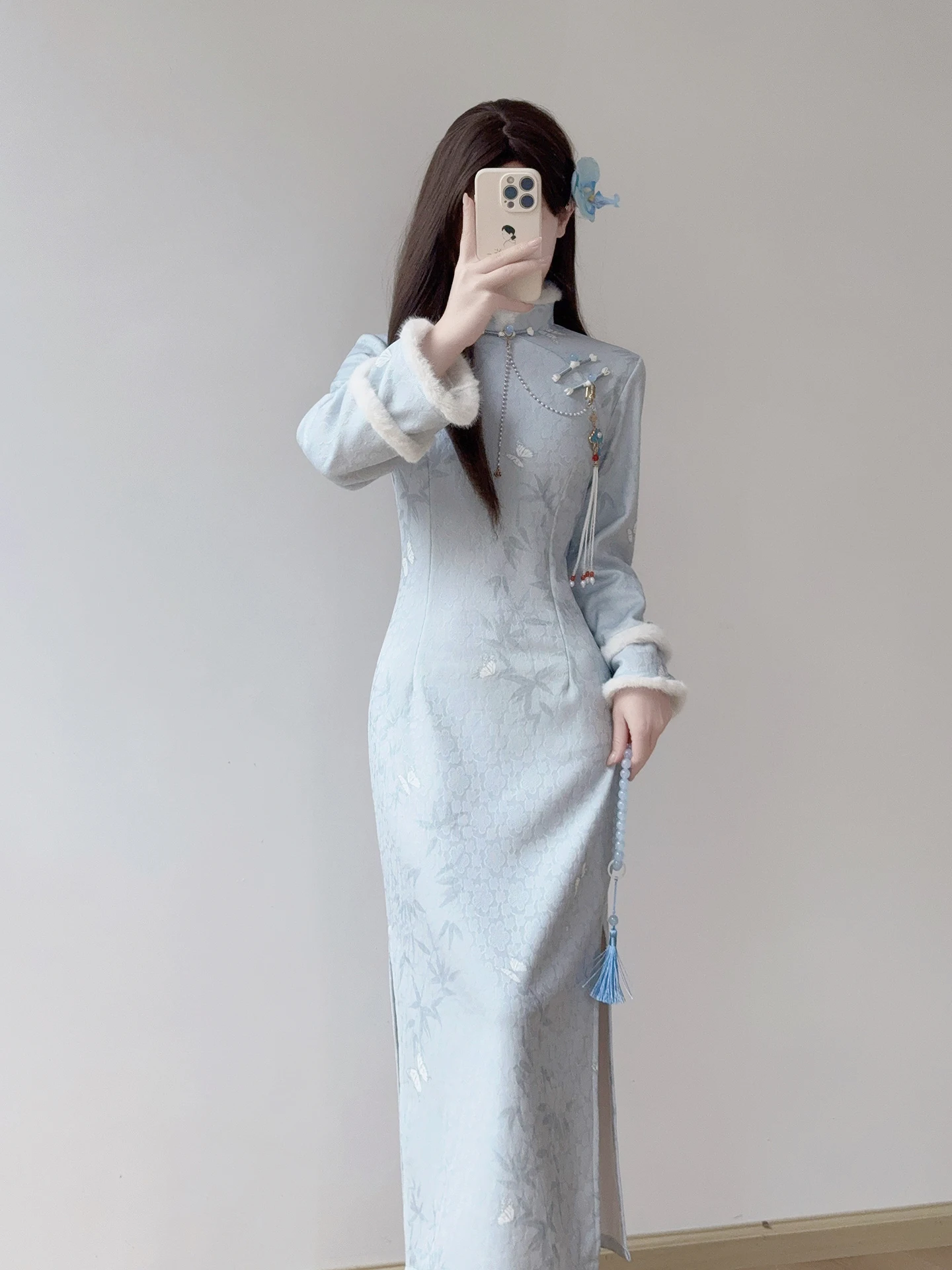 

Теплое женское платье-ципао Ting Yue Ling синего цвета с цветочным принтом, приталенное, больших размеров, с длинными рукавами, на флисовой подкладке, для повседневной носки, осень-зима