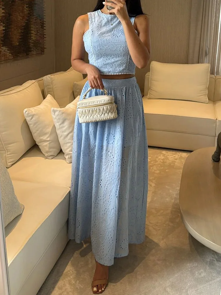 

O Neck Sleeveless Fashion Two Pieces Sets, Women Summer Hollow Simple Outfit, 2025 Maxi Skirts Elegant Ladies Suits Streetwear