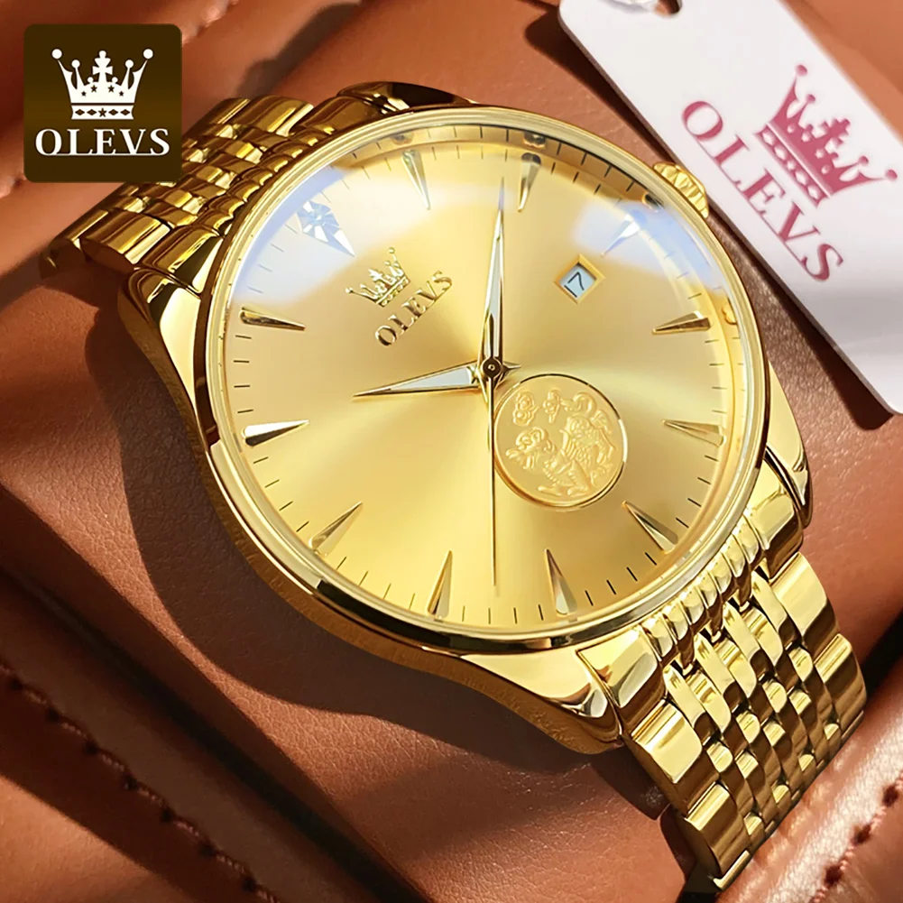 OLEVS 6665 Original Mechanical Watch Men Gold Pixiu Design Stainless Steel Waterproof Auto Date Clock Luxury Men\'s Wrist Watch