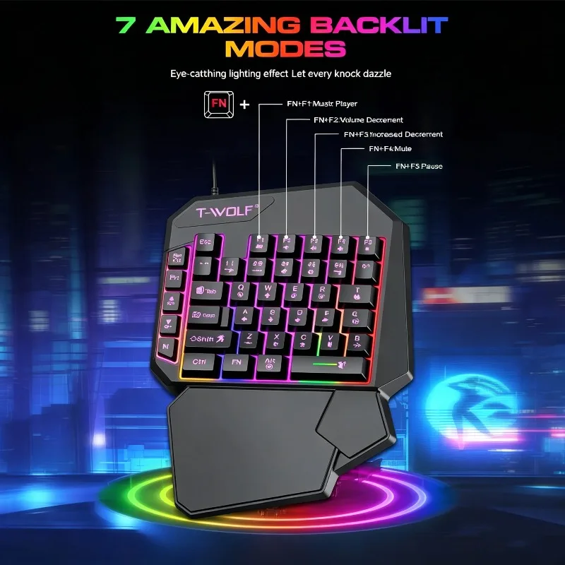 T19 40 Keys One-Handed RGB Gaming Keypad,Multimedia Buttons Ergonomic Palm Rest USB Wired Keyboard For PC Gamer desk accessories