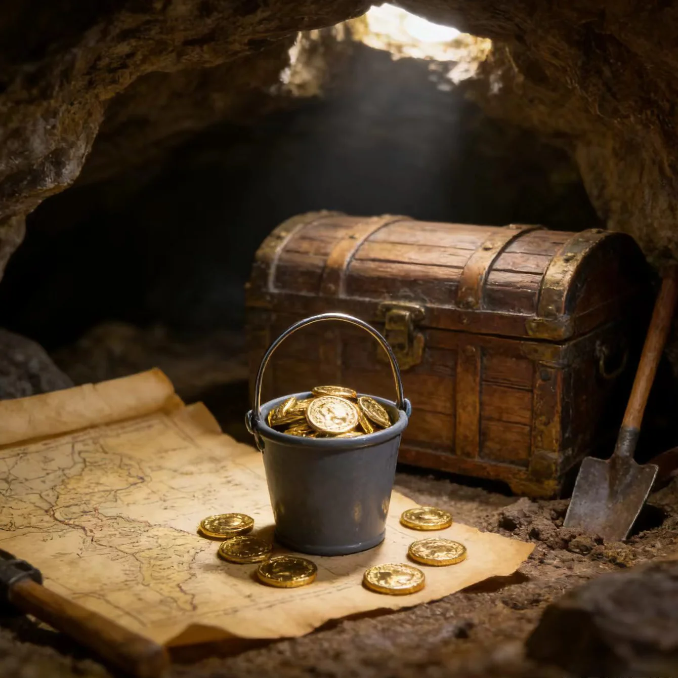 31 pcs Miniature of 1 barrel plus 30 gold coins, miniature pirate ship treasure hunt decoration, shooting scene props