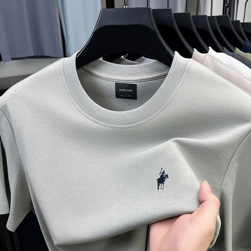 الراقية مصمم العلامة التجارية قصيرة الأكمام تي شيرت الرجال الصيف موضة جديدة بول المهر التطريز عادية الحرير الجليد القطن تنفس