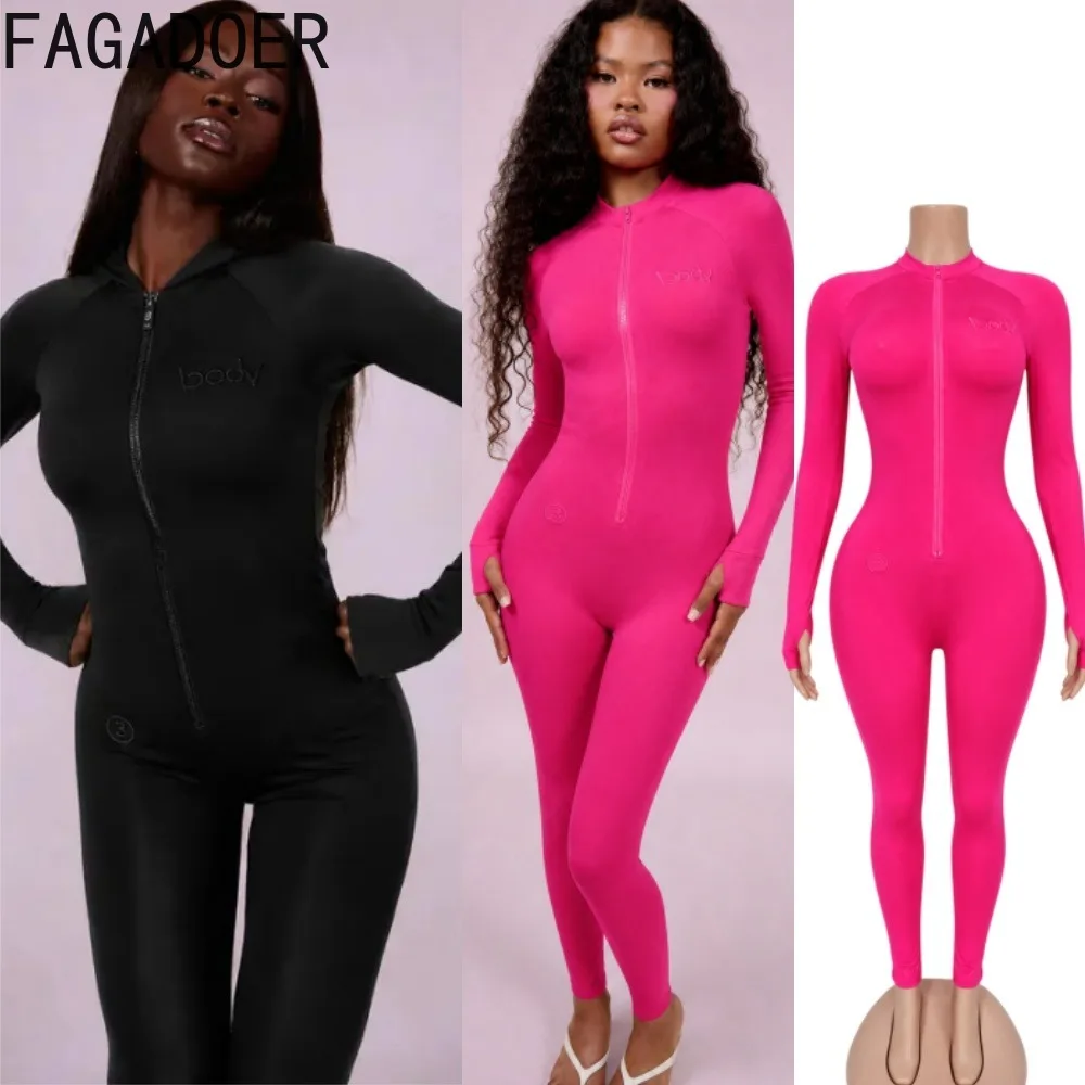 FAGADOER Women Letter Embroidered Workout Jumpsuit Zip Up Long Sleeve Bodycon Yoga Romper High Stretch Fitness One Piece Outfit