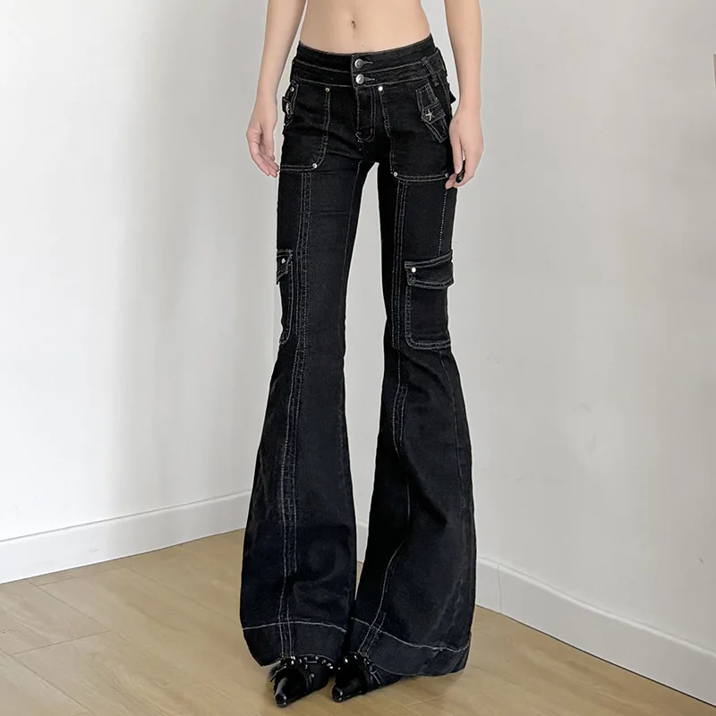 

2025 Ropa Y2K Style Rivet Black Low Rise Slim Flared Cargo Jeans Pants For Women Clothing Old Lady Denim Trousers Pantalon Femme