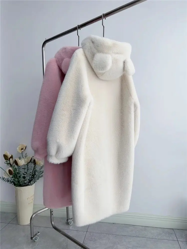 2024 New Autumn Winter High Imitation Mink Coat For Women With  Hooded Cute Ears Jacket Women\'s Long Cardigan Overcoat