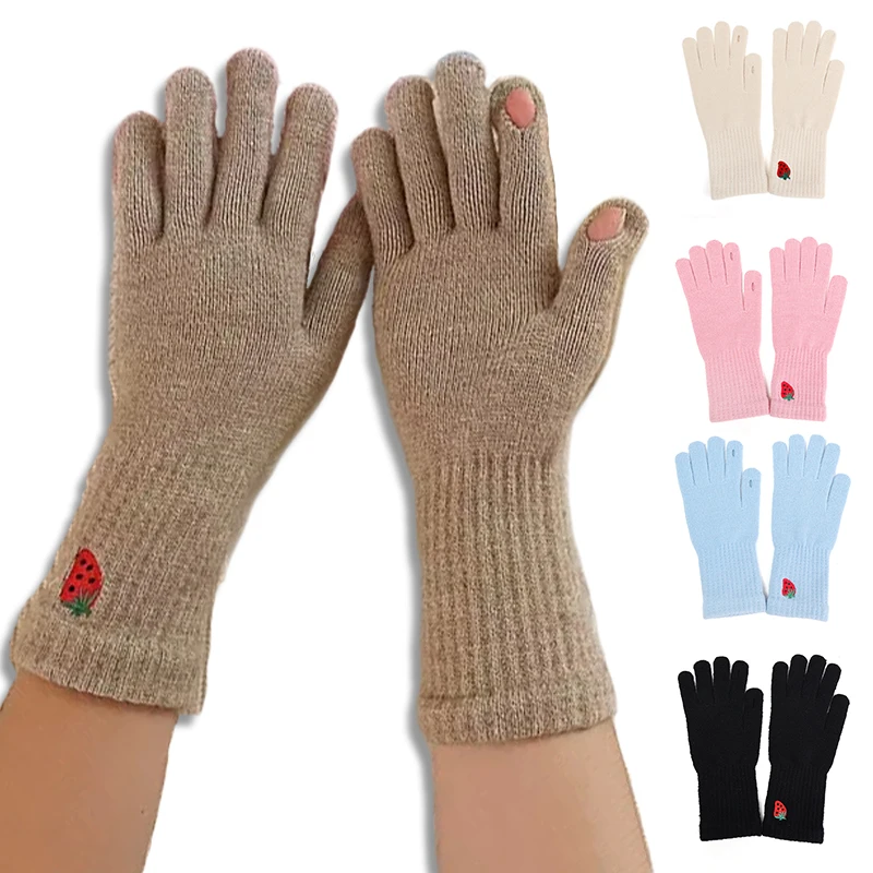 

2023 Cute Women Wool Wrist Gloves Strawberry TouchScreen Full Finger Mittens Winter Warm Thickened Knitted Long Gloves for Girls