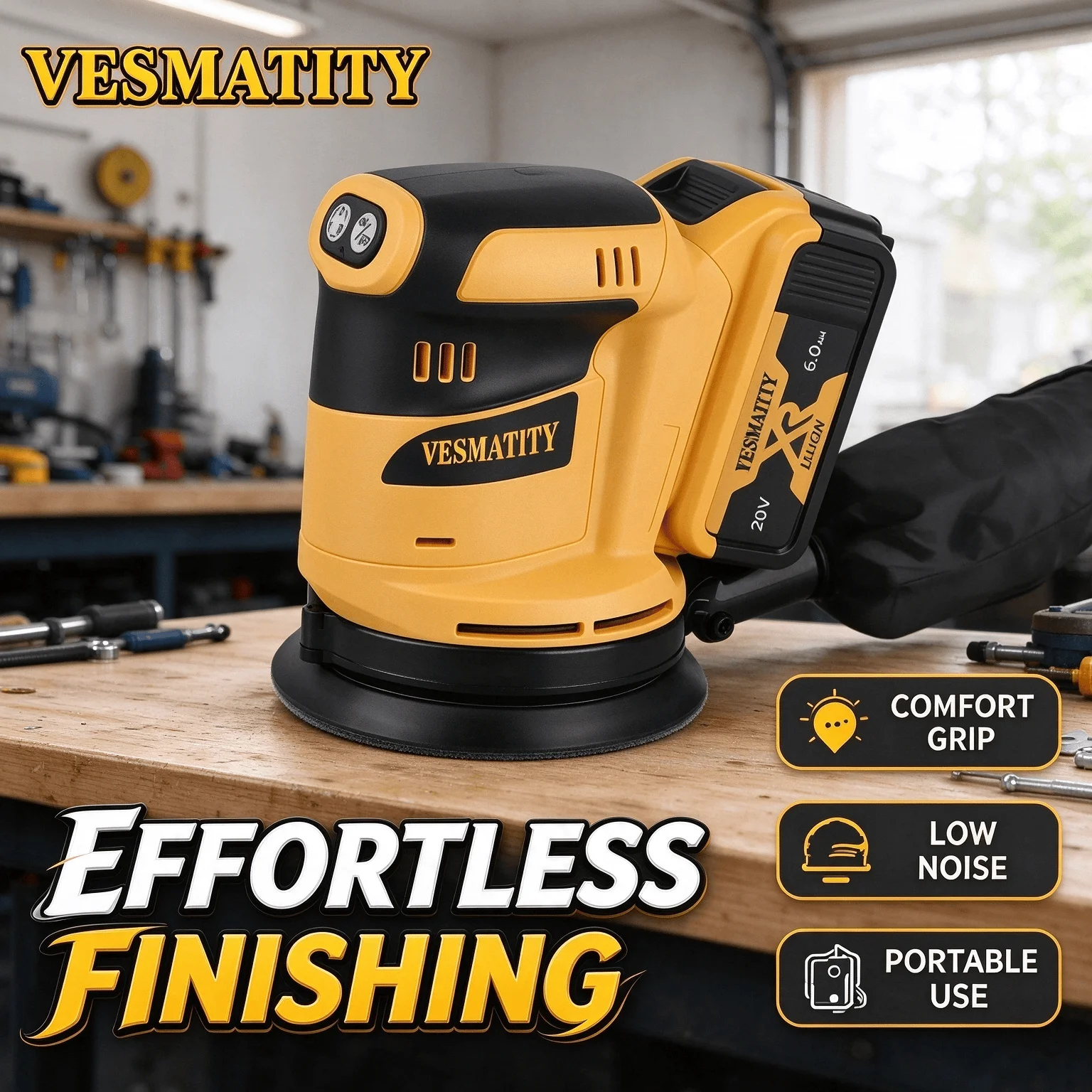 VESMATITY Orbital Sander Speed Dust Collection Heavy Wood Polishing Construction Workshop Tool for Dewalt Battery Pro Ultra