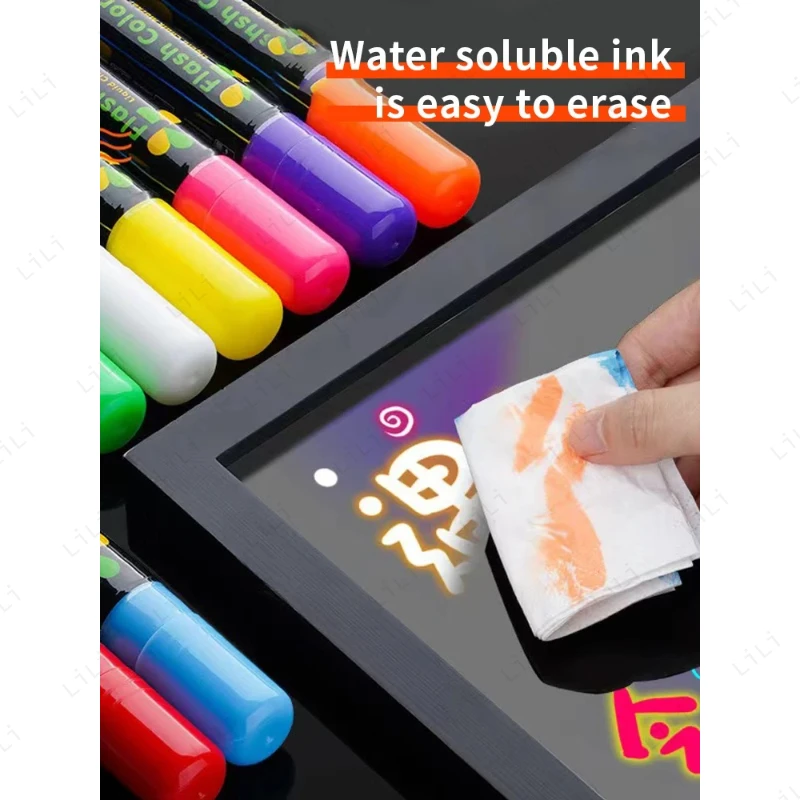 LED لوحة الفلورسنت مخصصة قلم مضيء الزجاج قابل للمسح المياه القائمة على السبورة القلم الإلكترونية مضيئة لوحة القلم #5