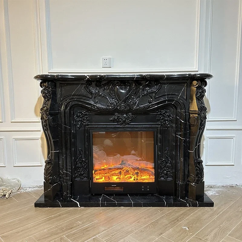 Marble fireplace stone carving French engraving black and white roots simple American home decoration mantel stone fireplace