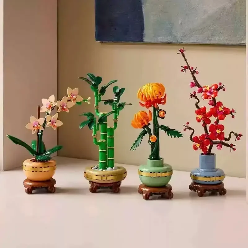 زهر البرقوق الحلي أقحوان Fugui الخيزران بنة نموذج النبات نموذج الديكور اللعب الطوب للطفل الكبار الهدايا