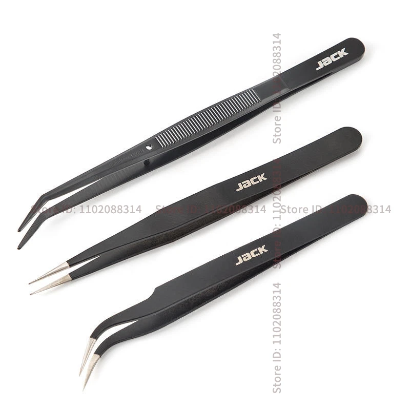 15cm Jack High-Precision Tweezers Black Antistatic Tip Elbow Straight Stainless Steel Tweezers Maintenance Clamping Tool Clamps