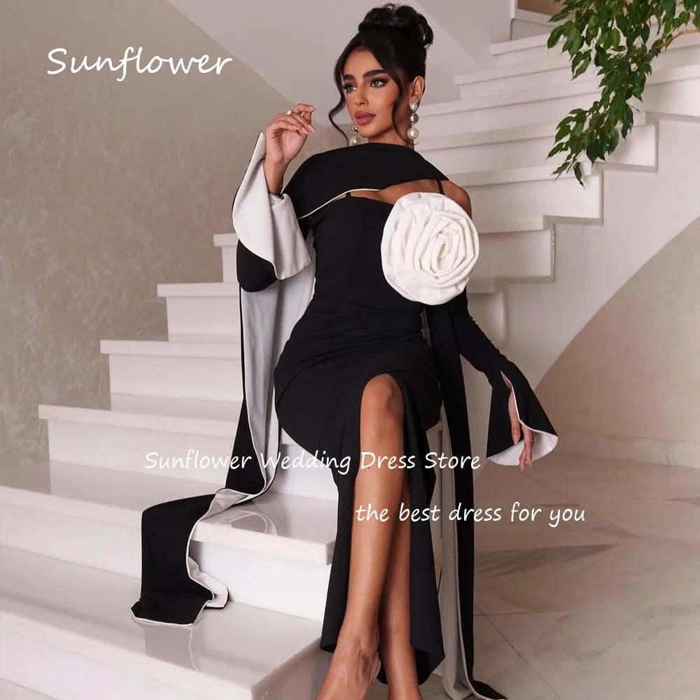 Sunflower Simple Black Crepe 3D Flowers Mermaid Prom dress 2024 Slim Long Sleeve Ankle-Length Formal Evening Dress