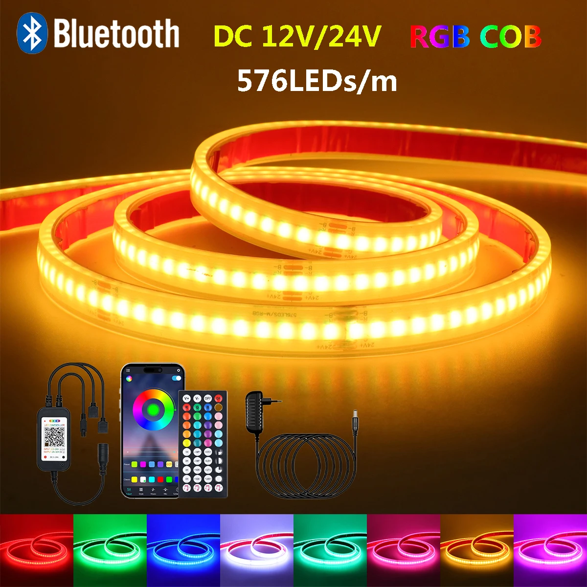 IP68 Waterproof RGB COB LED Strip Light 44key Bluetooth DC 12V 24V Power Kit 576LEDs Flex Tape Home TV Background Lighting Decor