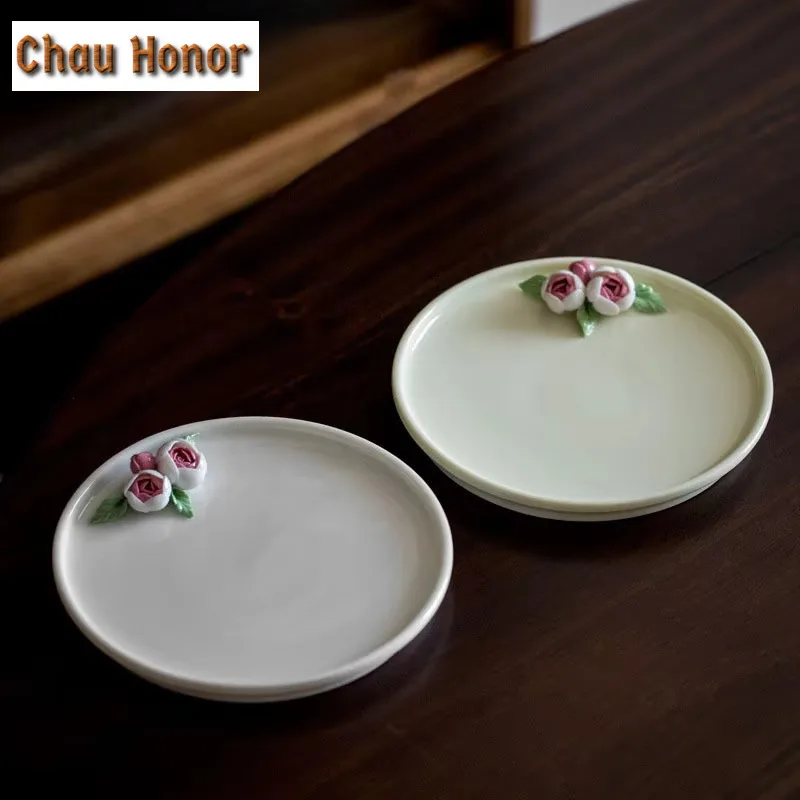 

High-end Handmade Pinch Flowers Ceramic Round Tea Tray Handmade Household Chinese Kung Fu Tea Set Tea Ceremony Accessories Gift