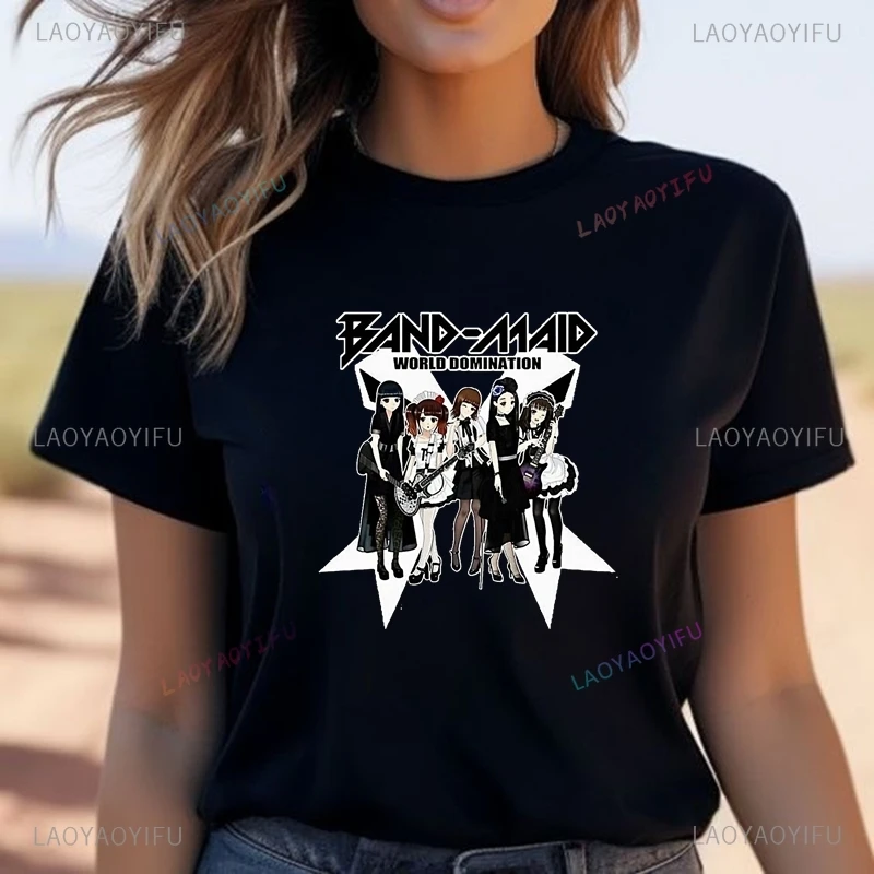 تي شيرت عصري مطبوع عليه ملصق لفرقة روك باند ياباني للفتيات اليابانيات، تي شيرت كلاسيكي لعرض الرؤية العالمية للخادمة، تي شيرت قطني للجنسين