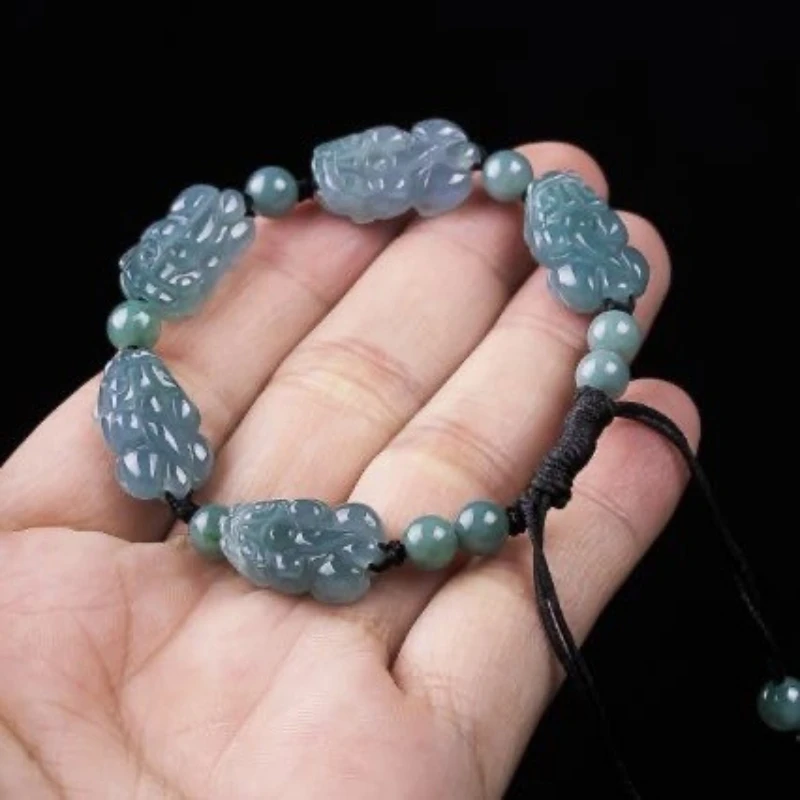 

Natural Burmese Oil Cyan Jade Ruyi Pixiu Hand-woven Bracelet Fashion Women's Accessories Gift
