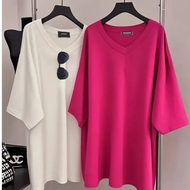 Women Oversized V Neck Short Sleeve T Shirt Solid Color Mid Length Loose Cover Hip Casual Top S 4XL