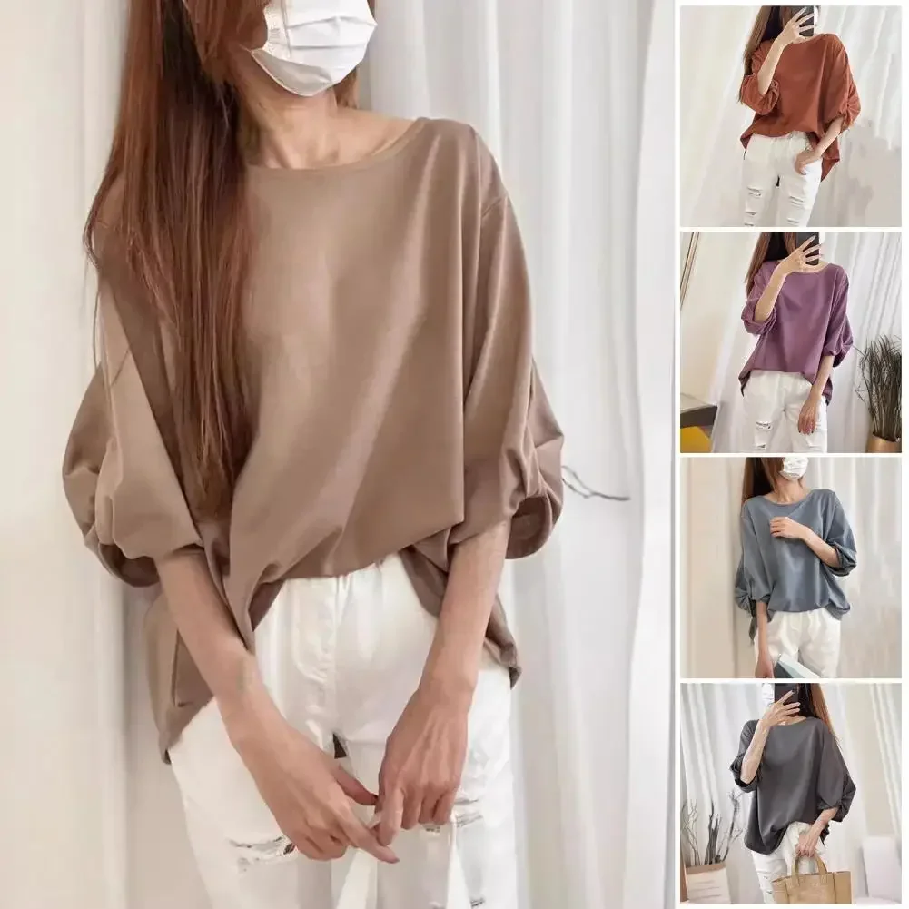 

Женский топ, стильные женские летние топы, футболка с круглым вырезом и рукавами три четверти, с завязанными манжетами, однотонный свободный крой для женщин