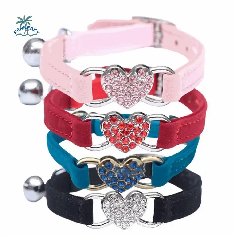 

Safety Heart Bell Cat Collar Adjustable With Bell Colored Diamonds Cat Collar Soft Elastic Adjustable Dog Necklace