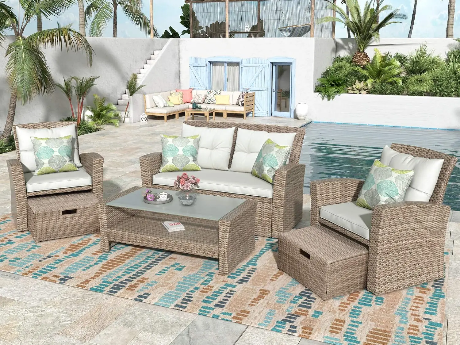 Patio Furniture Set 4-Piece All Weather Wicker Sectional Sofa With Ottoman Cushions, Customized