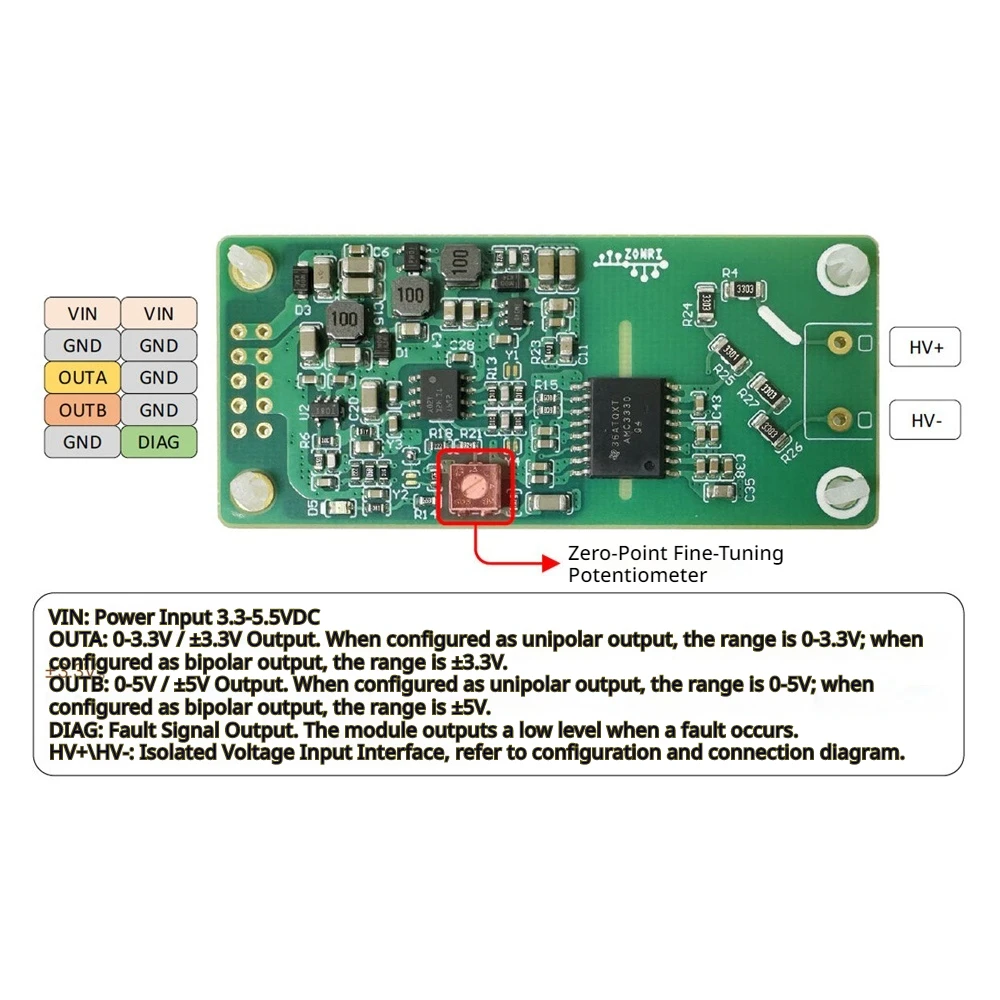 

AMC3330 Voltage Signal Isolation Module 400V Input Unipolar Bipolar Output Adjustable Zero Point 3.3-5.5VDC 4250VRMS Isolation