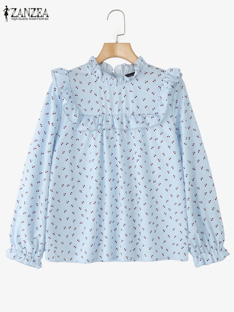 خمر قميص مطبوع ZANZEA المرأة عادية كم طويل بلايز الربيع الوقوف الرقبة العمل بلوزة أنيقة الكشكشة عطلة Blusas تونك