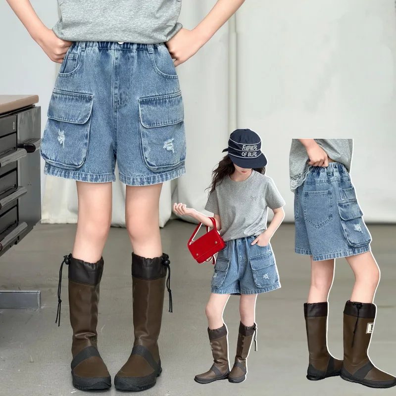 Kids Cargo Denim Shorts For Teenger Girls Summer Casual Shorts With Pockets High Quality Children Fashion Bottom Age 5-14Y
