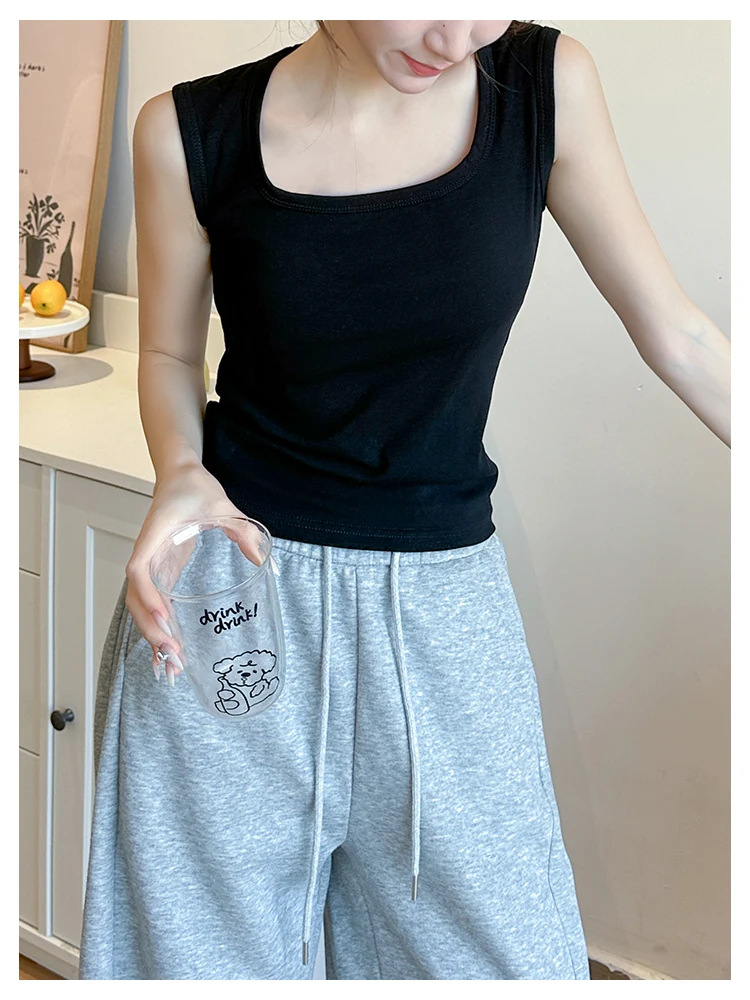 Solides ärmelloses Tanktop für Damen, Sommer-Basic-Top mit dehnbarem, quadratischem Ausschnitt, sexy schulterfreies Top – Detail 2