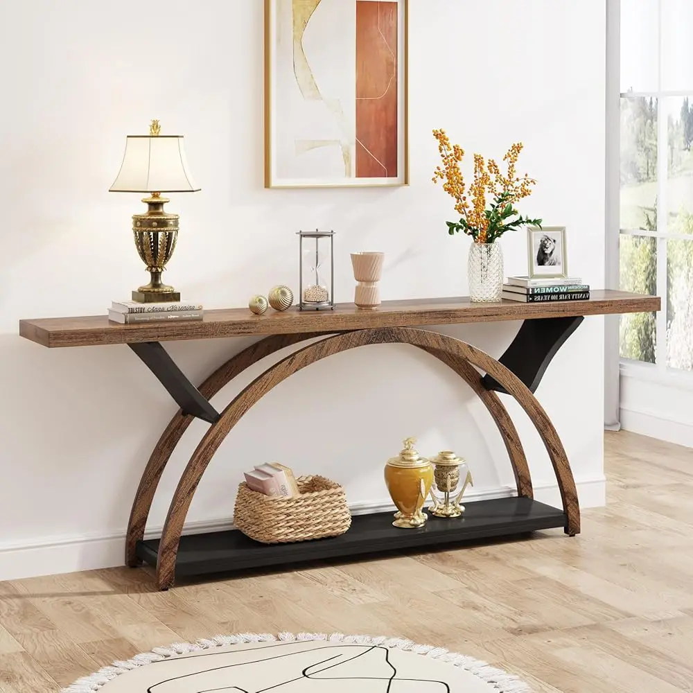 70.87"" Console Tables For Entryway, Narrow Long Entryway Table With Storage Shelf, 2-Tier Rustic Sofa Table With Half Moon