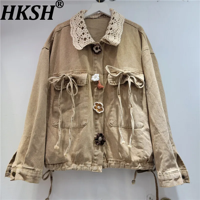 

HKSH весна осень новая женская джинсовая куртка с отложным воротником однобортный кружевной лоскутный карман уличная одежда милые пальто HK13407