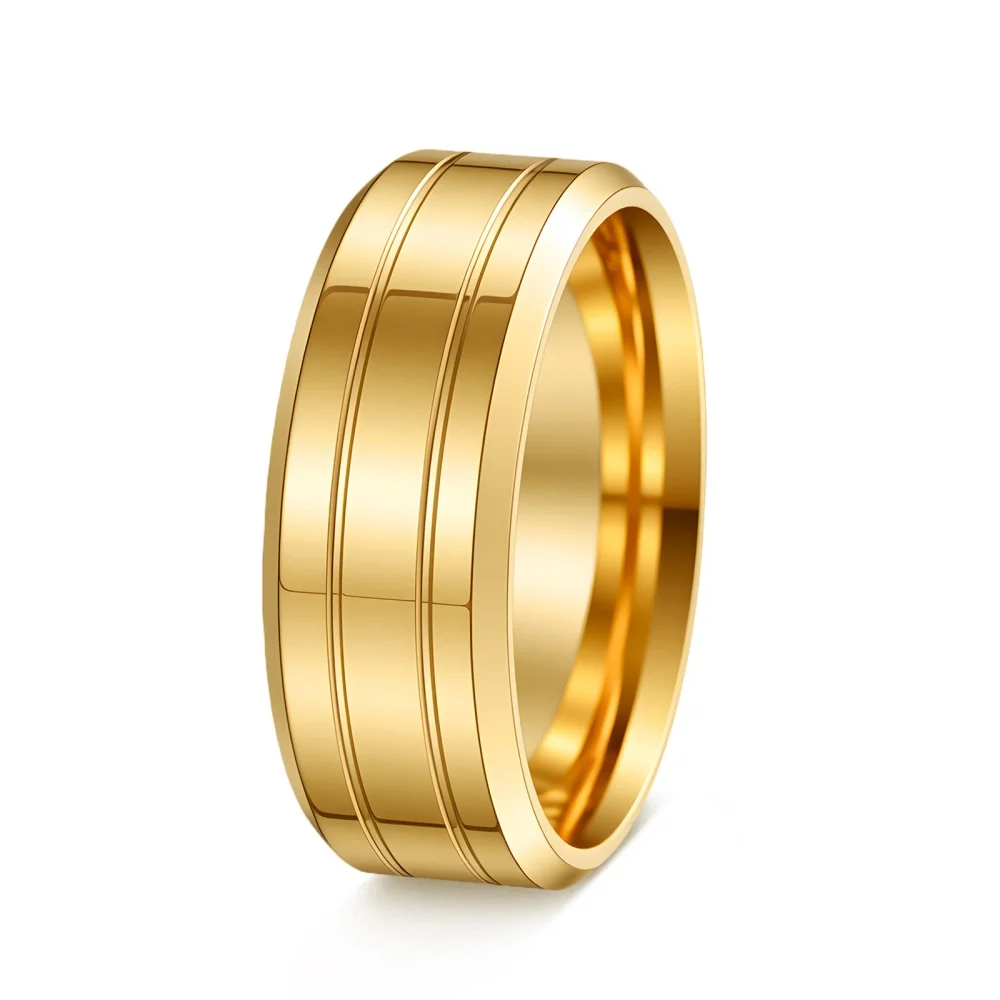 Breiter, flacher Rand, Edelstahlring, doppelter Rillen-Linearband für Herren, moderner, minimalistischer, polierter Schmuck, Ring in Goldfarbe. – Detail 8