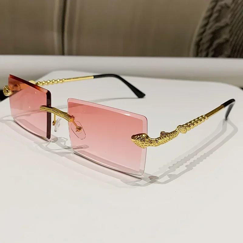 Luxury Women Rimless Square Frame Sunglasses Trendy Twisted Snake Leg Gradient Shades for Men Luxury Fashion Anti-UV Eyewear