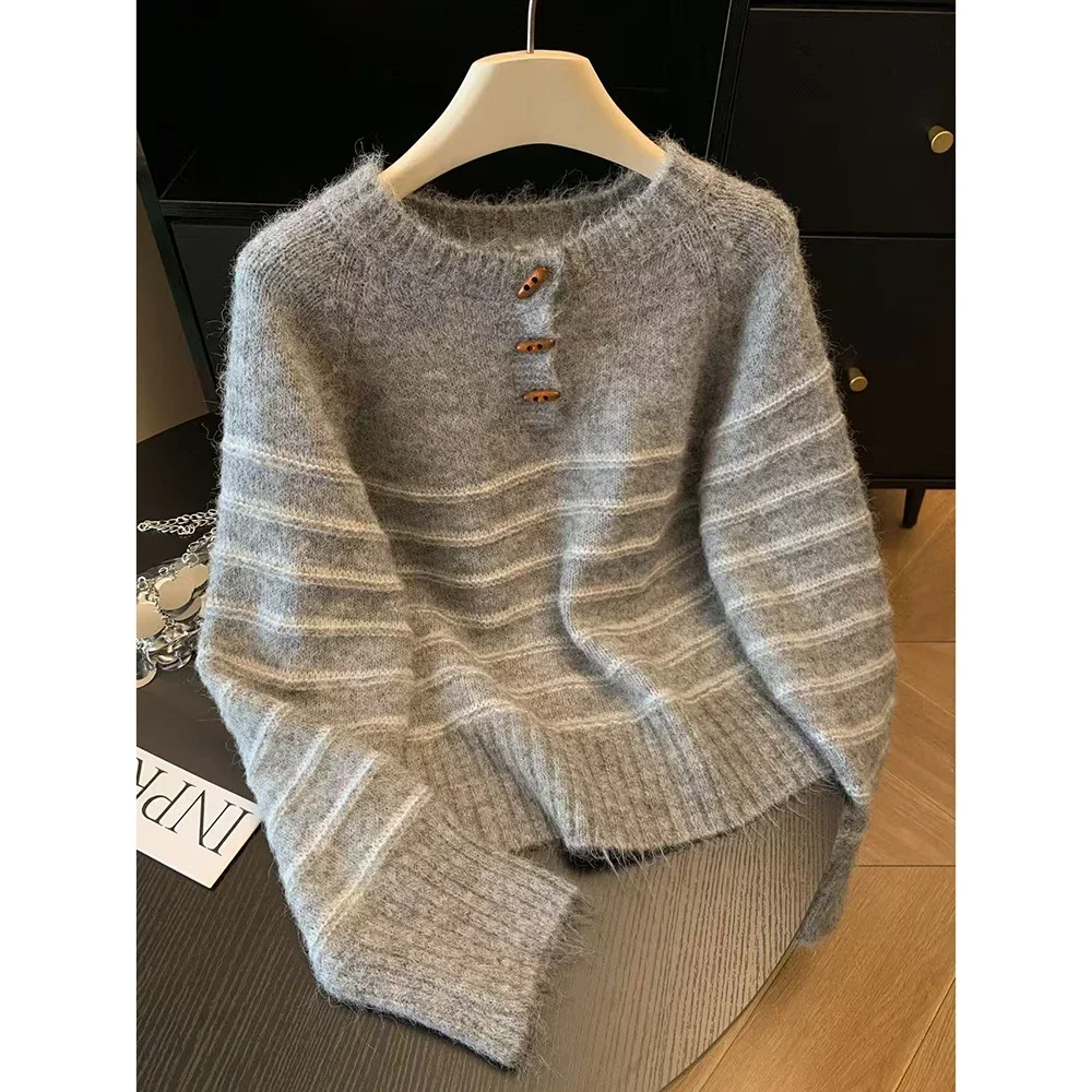 Autumn Winter Women's Striped Wool Cashmere Sweater, Loose Warm Knitted Pullover Base Shirt