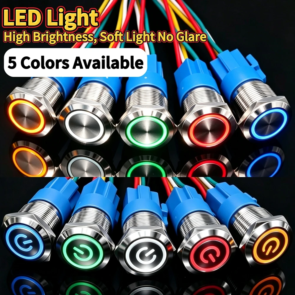12mm 16mm 19mm 22mm Waterproof IP66  Flat Circular Round Metal Button Switch LED Red Latching Momentary 3V 6V 12V 24V 110V 220V