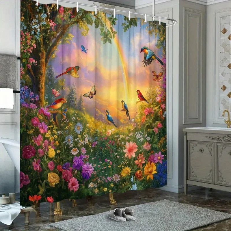 

~O~1pc Butterfly Shower Curtain - Vibrant Lotus & Polka Dots, Polyester, Washable, 12 Hooks, 70.8x70.8", Soft Whimsical Design