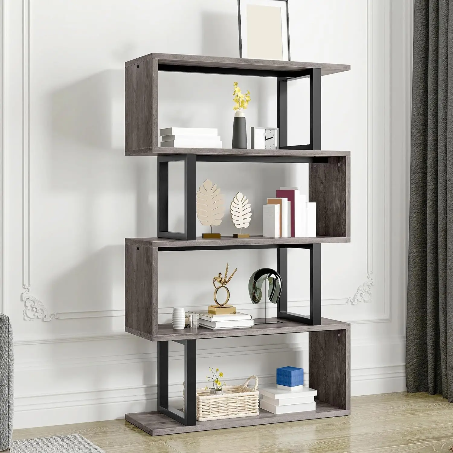 

5-Tier Bookshelf, S-Shaped Z-Shelf Bookshelves and Bookcase, Industrial Freestanding Multifunctional Decorative Storage Shelving
