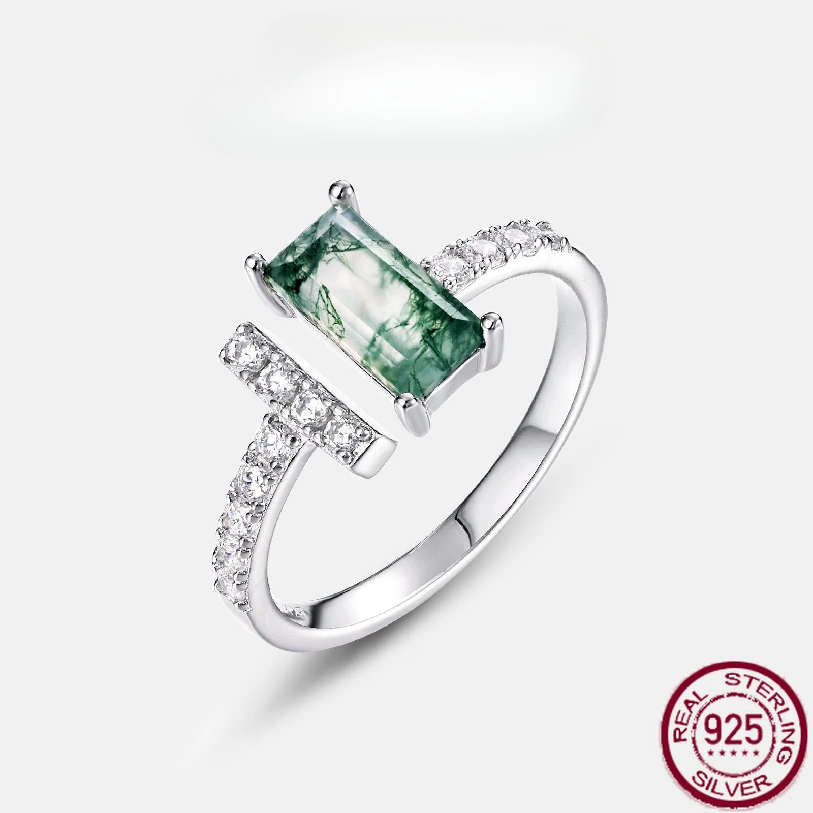 

New S925 pure silver unique natural green moss stone inlaid with water grass agate nail opening ring wedding jewelry