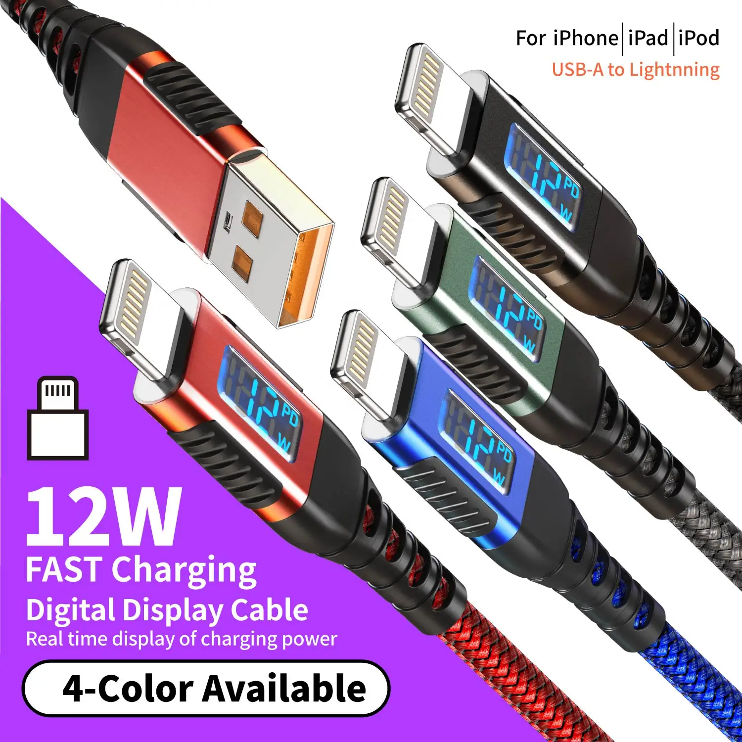 USB-A to Lightning Fast Charging Cable with Digital Display Screen MFi Certified Nylon Woven For iPhone 14/13/12/11 2m/6.6ft