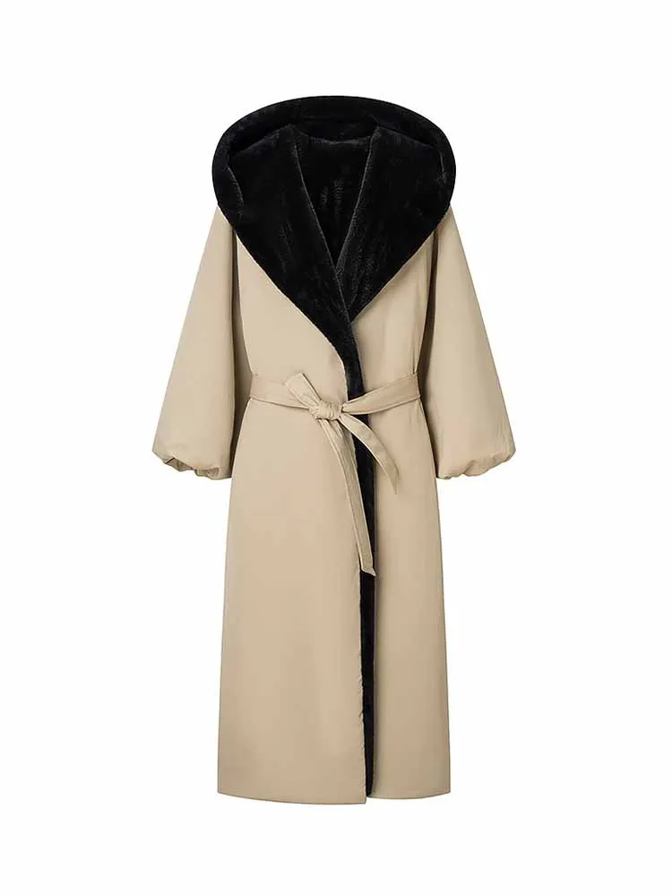 HH Woman Winter Fashion Long Sleeves Solid Color Faux Fur Collar Trim Loose Hooded Long Coat Female Commuting Casual Coat