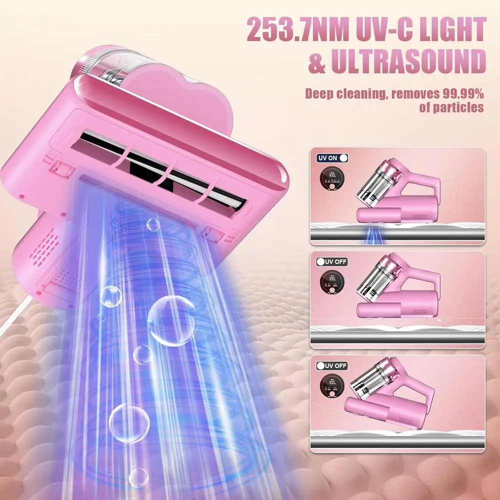 UV-C lichte bedstofzuiger: 16 kPa zuigkracht, 33000 RPM tappen, HEPA-filter, 149 ℉   Warmte, ultrasoon en anion voor matras en huisdier