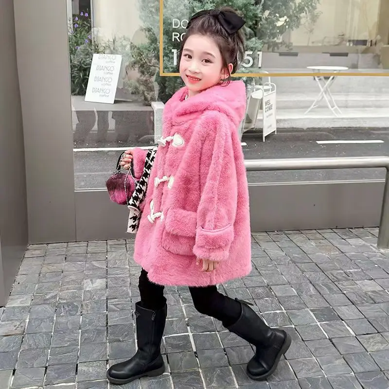 Little Girl Winter New pink Sweet Thick Plush Fur Outerwear Baby Girl Warm Western Sle Jacket Outerwear Tide 2-7Y