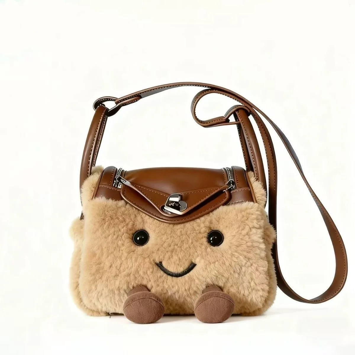 

Plush cute crossbody bag doll fashionable fur autumn and winter handbag(Gold buttons)