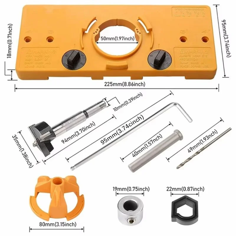 A74E-Posizionamento dei fori Stile tazza Kit di strumenti per cerniera di perforazione Guida noiosa Localizzatore di fori per cerniera Modello di fori per porta Maschera per cerniera
