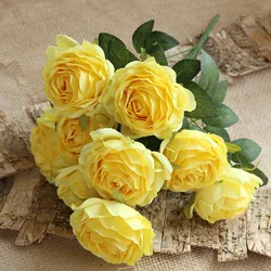 Lifelike 10 Heads Artificial Yellow Rose Bouquet Silk Fake Flowers for Wedding Bridal Engagement Decor Valentine's Day Home