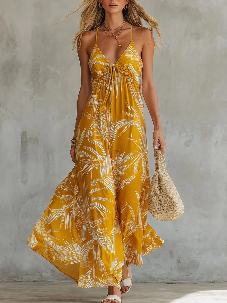 

Boho Women Tropical Leaf Print Spaghetti Strap Maxi Dress V Neck Drawstring High Waist Flowy Summer Beach Vacation Long Dress