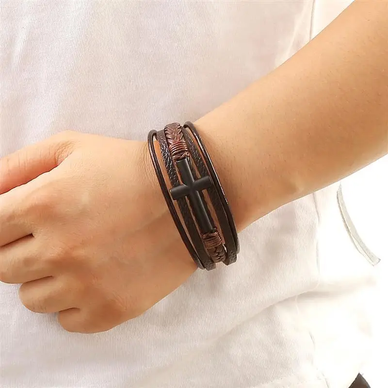 Multi-layer Cross Design Classic Metal Clasp Men\'s Leather Bracelet Handsome Men Christmas Gifts Male Jewelry
